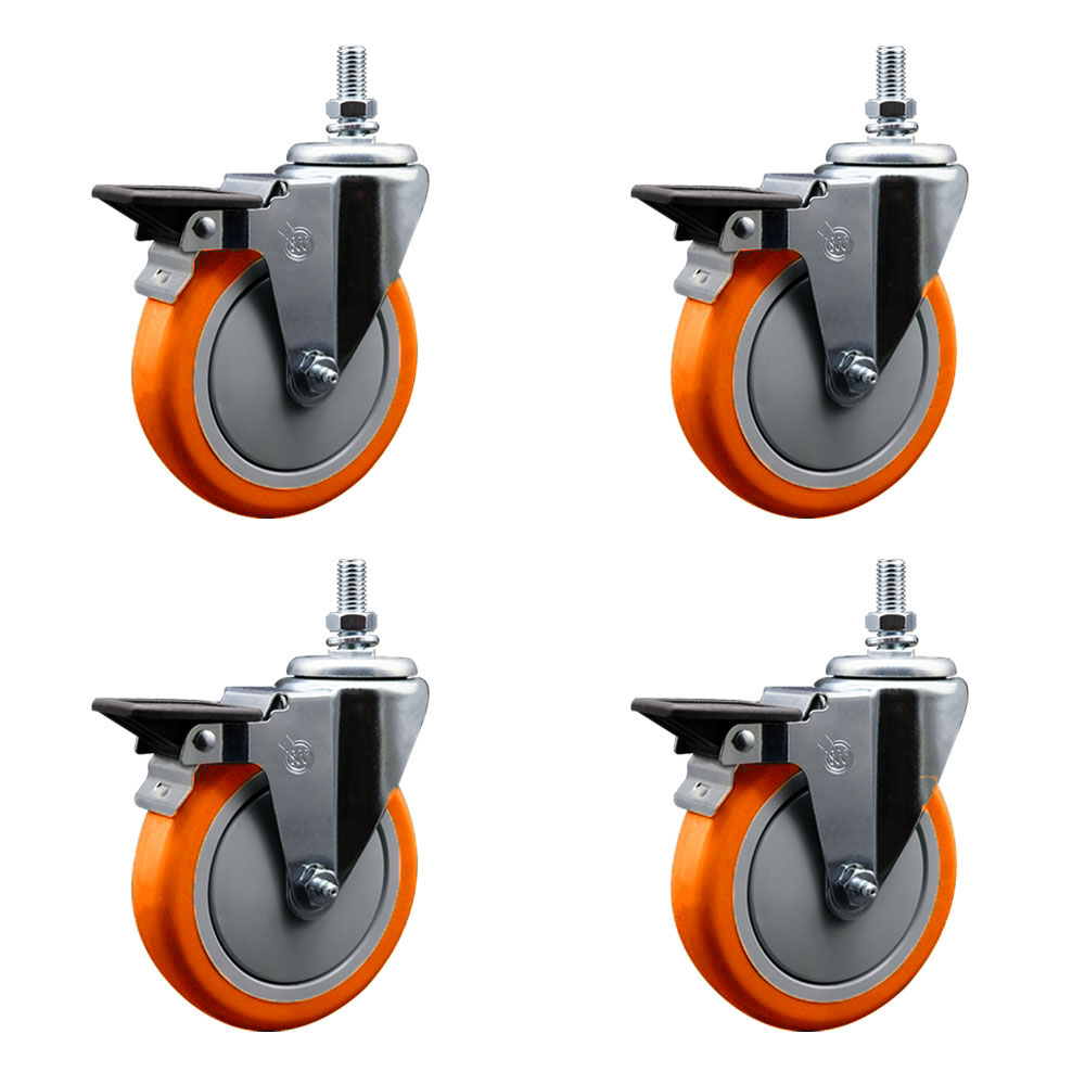 Polyurethane Swivel Threaded Stem Caster Set of 4 w/5" x 1.25" Orange Wheels and 10MM Stems - Includes 4 with Posi Lock Brakes - 1400 lbs Total Capacity - Service Caster Brand — photo 1