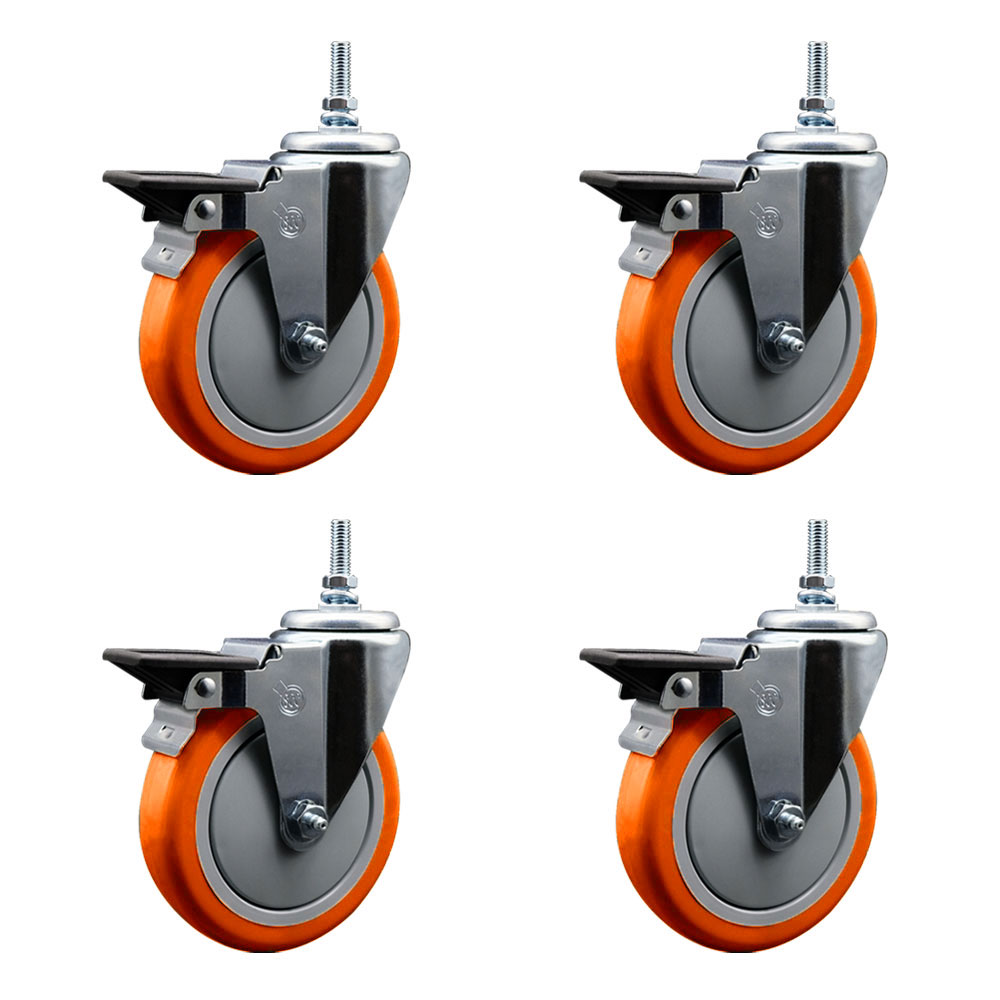 Polyurethane Swivel Threaded Stem Caster Set of 4 w/5" x 1.25" Orange Wheels and 12MM Stems - Includes 4 with Posi Lock Brakes - 1400 lbs Total Capacity - Service Caster Brand — photo 1