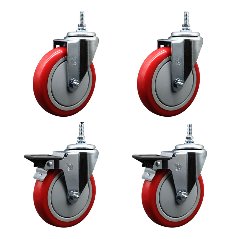 Polyurethane Swivel Threaded Stem Caster Set of 4 w/5" x 1.25" Red Wheels and 3/8" Stems - Includes 2 with Posi Locking Brake - 1400 lbs Total Capacity - Service Caster Brand — photo 1
