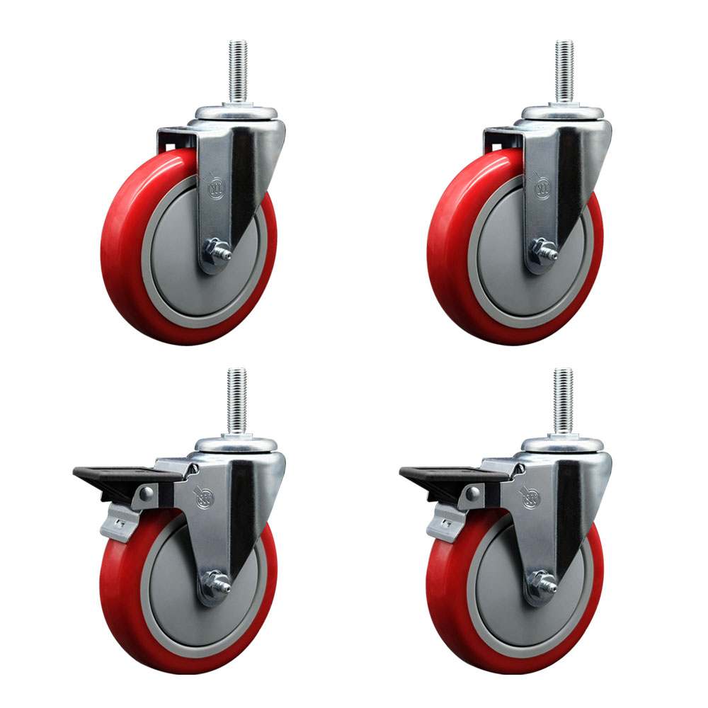 Polyurethane Swivel Threaded Stem Caster Set of 4 w/5" x 1.25" Red Wheels and 5/8" Stems - Includes 2 with Posi Locking Brake - 1400 lbs Total Capacity - Service Caster Brand — photo 1