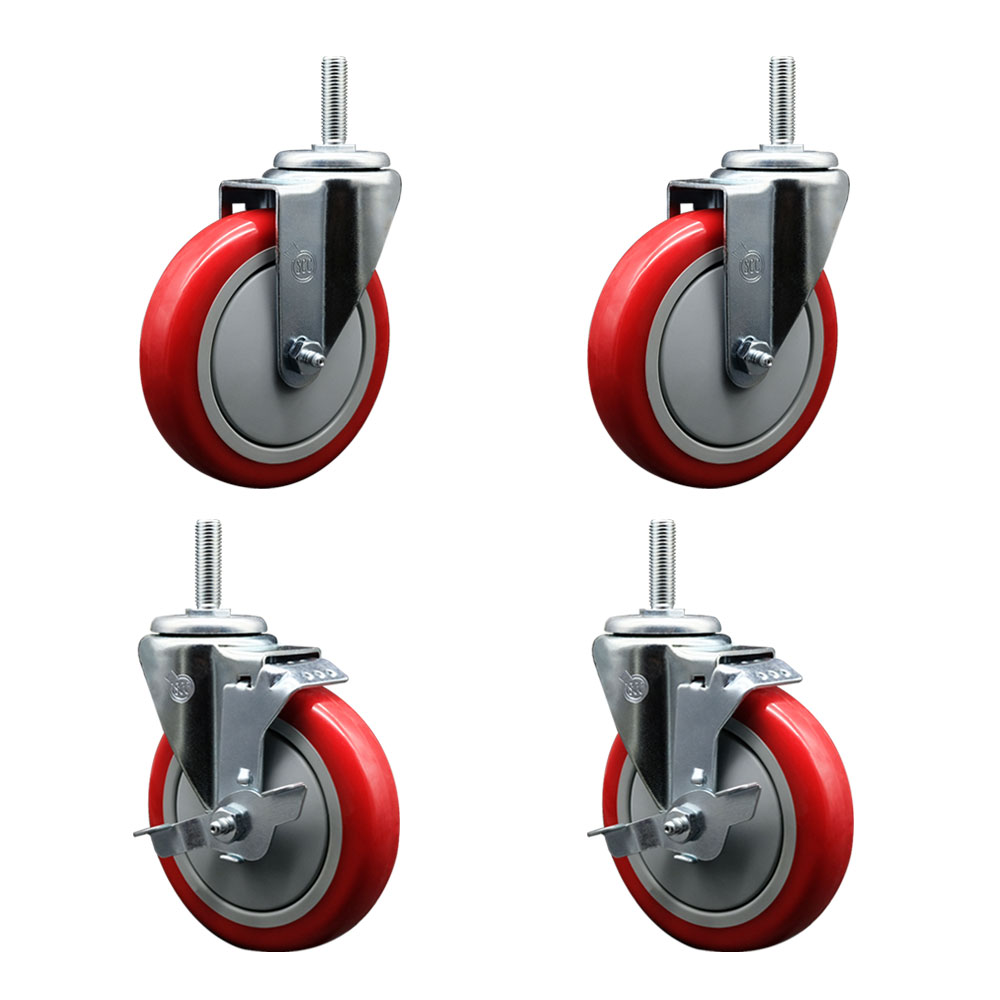 Polyurethane Swivel Threaded Stem Caster Set of 4 w/5" x 1.25" Red Wheels and 5/8" Stems - Includes 2 with Top Locking Brake - 1400 lbs Total Capacity - Service Caster Brand — photo 1