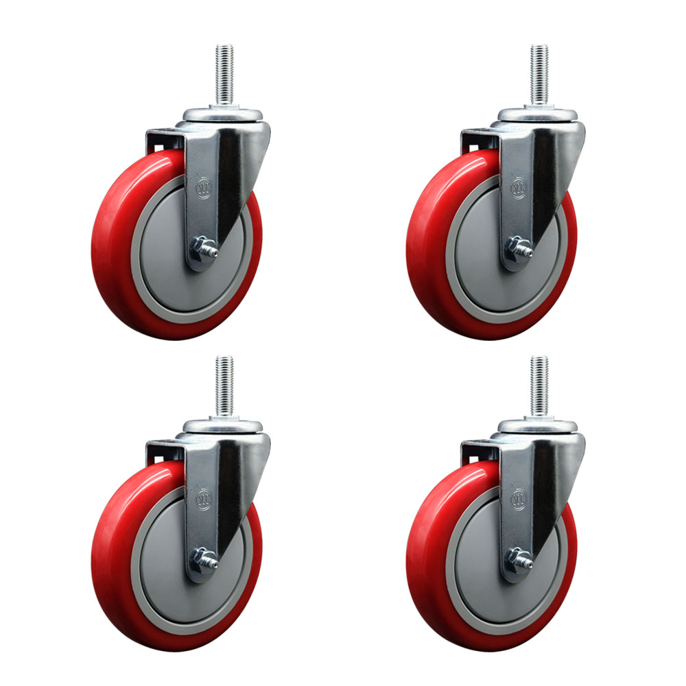 Polyurethane Swivel Threaded Stem Caster Set of 4 w/5" x 1.25" Red Wheels and 5/8" Stems - Includes 4 Swivel - 1400 lbs Total Capacity - Service Caster Brand — photo 1