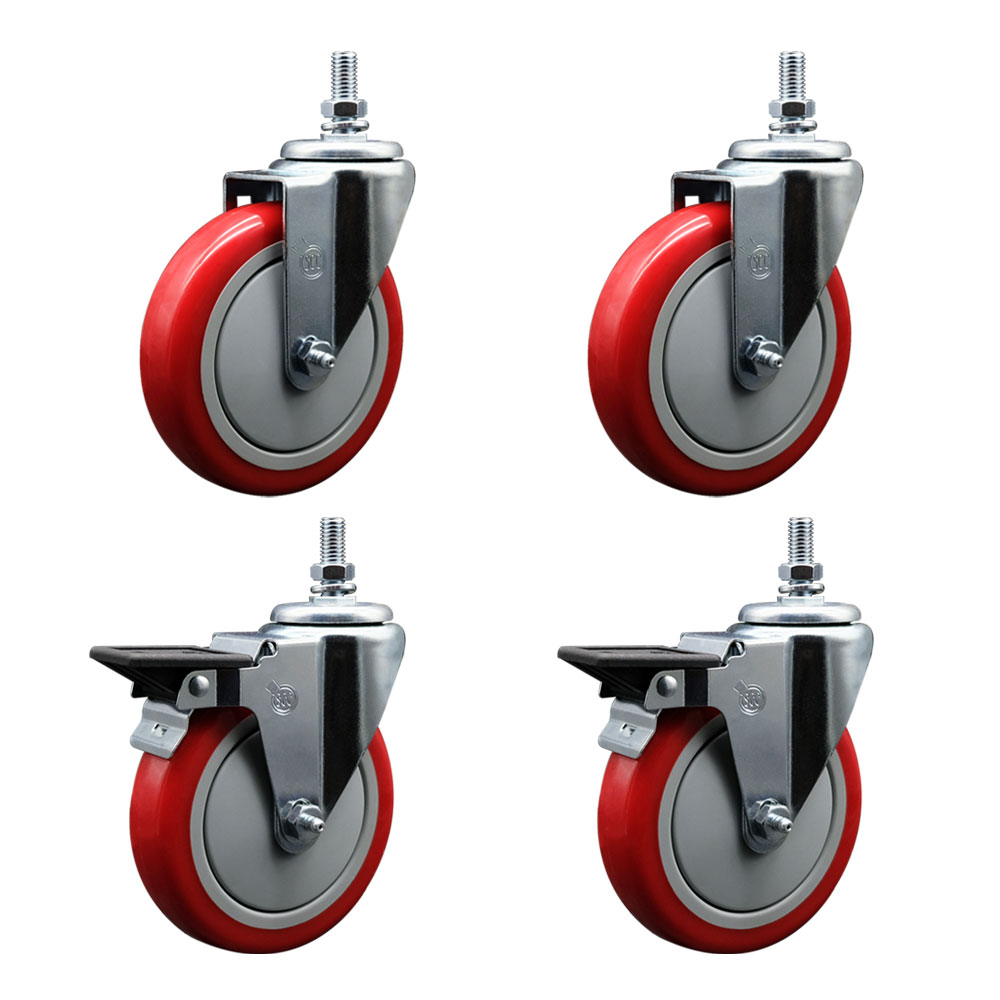 Polyurethane Swivel Threaded Stem Caster Set of 4 w/5" x 1.25" Red Wheels and 10MM Stems - Includes 2 with Posi Locking Brake - 1400 lbs Total Capacity - Service Caster Brand — photo 1