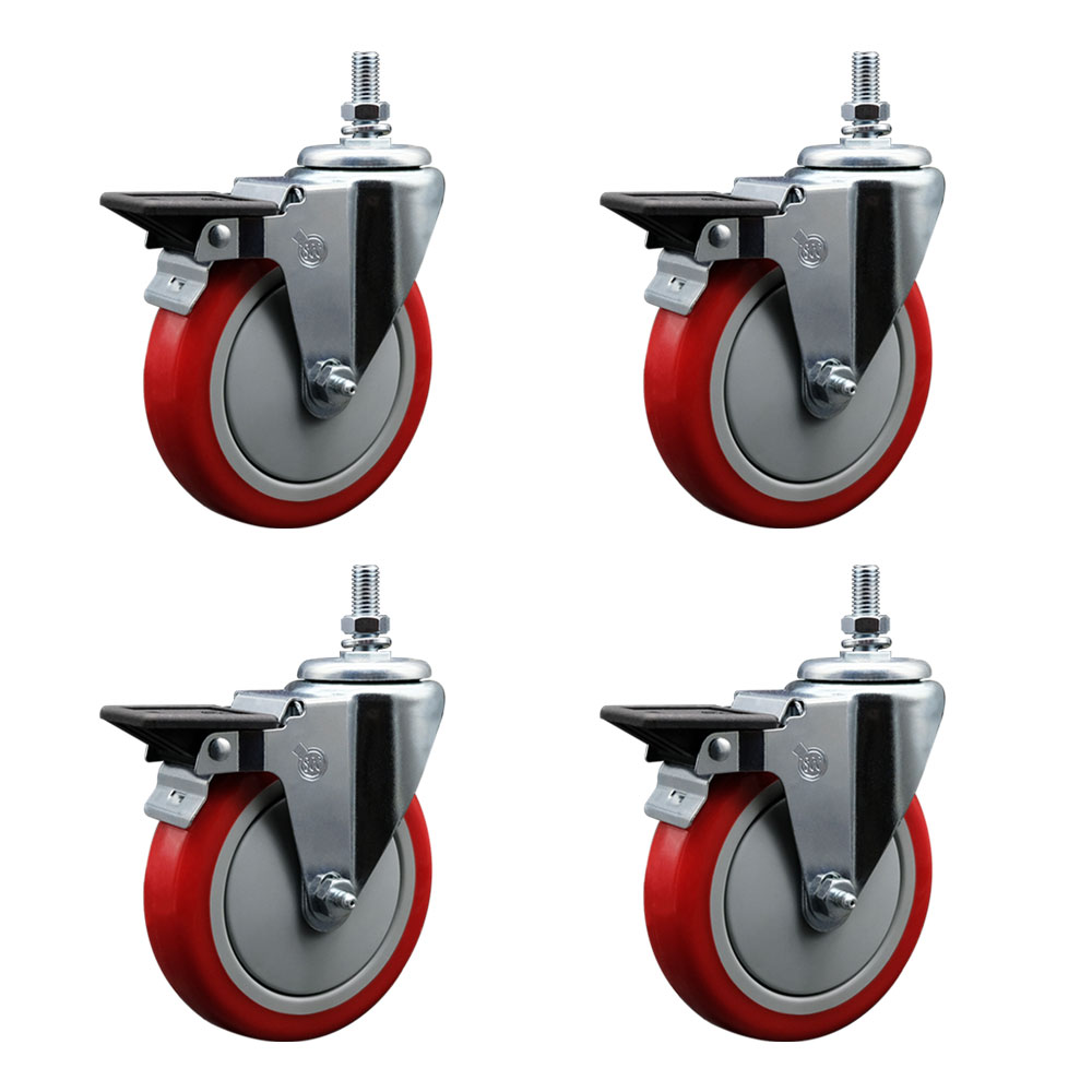 Polyurethane Swivel Threaded Stem Caster Set of 4 w/5" x 1.25" Red Wheels and 1/2" Stems - Includes 4 with Posi Lock Brakes - 1400 lbs Total Capacity - Service Caster Brand — photo 1