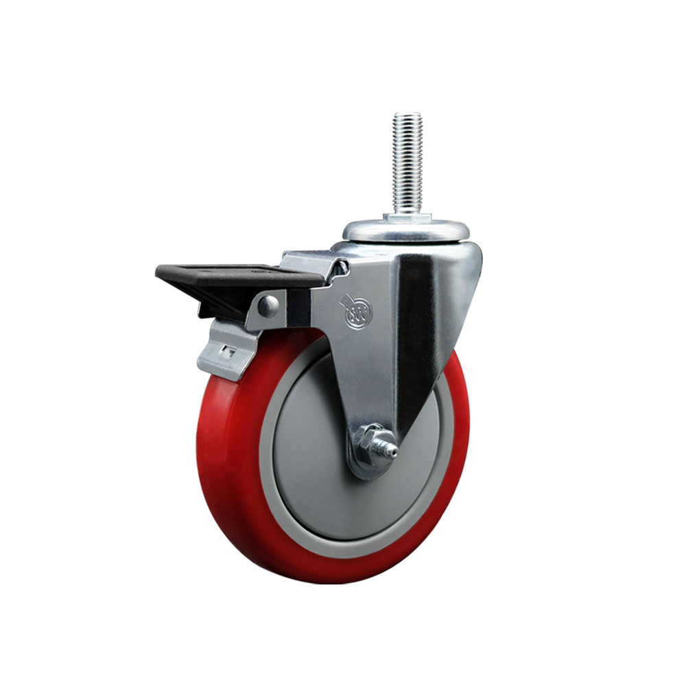 Polyurethane Swivel Threaded Stem Caster w/5" x 1.25" Red Wheel and 3/4" Stem & Posi Locking Brake - 350 lbs Capacity/Caster - Service Caster Brand — photo 1