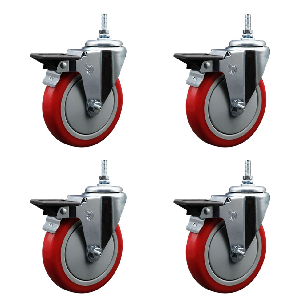 Polyurethane Swivel Threaded Stem Caster Set of 4 w/5" x 1.25" Red Wheels and 3/8" Stems - Includes 4 with Posi Lock Brakes - 1400 lbs Total Capacity - Service Caster Brand — photo 1