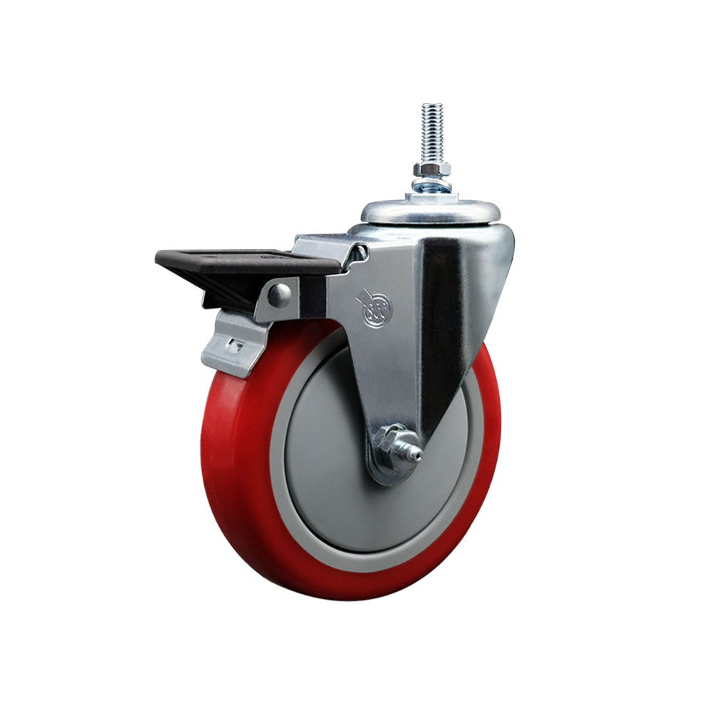 Polyurethane Swivel Threaded Stem Caster w/5" x 1.25" Red Wheel and 3/8" Stem & Posi Locking Brake - 350 lbs Capacity/Caster - Service Caster Brand — photo 1