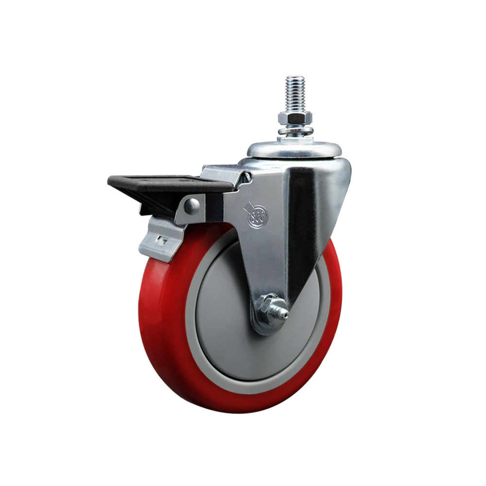 Polyurethane Swivel Threaded Stem Caster w/5" x 1.25" Red Wheel and 10MM Stem & Posi Locking Brake - 350 lbs Capacity/Caster - Service Caster Brand — photo 1