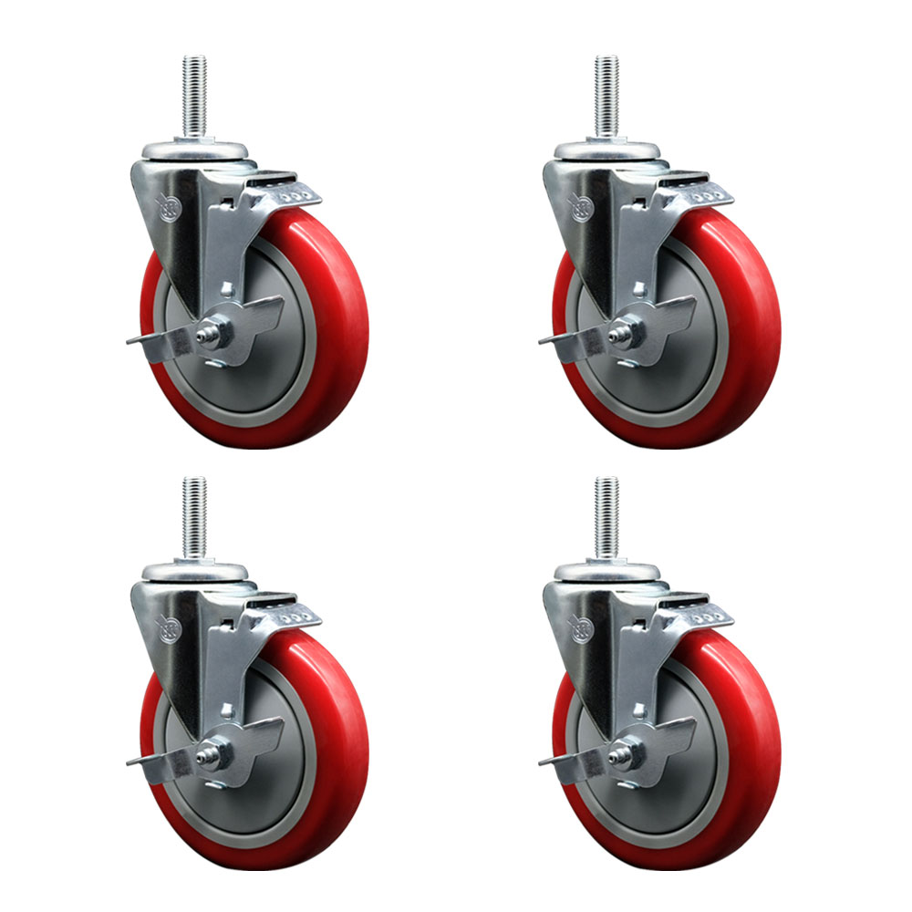 Polyurethane Swivel Threaded Stem Caster Set of 4 w/5" x 1.25" Red Wheels and 5/8" Stems - Includes 4 with Top Lock Brakes - 1400 lbs Total Capacity - Service Caster Brand — photo 1