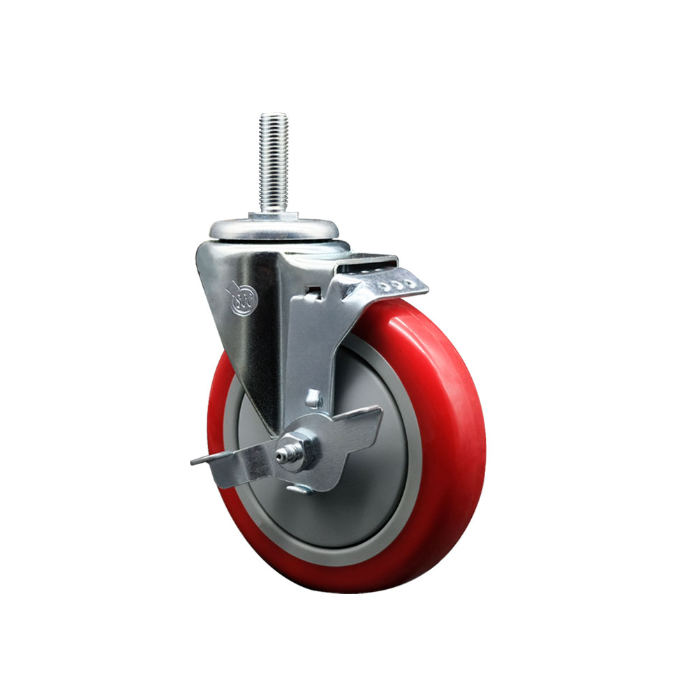 Polyurethane Swivel Threaded Stem Caster w/5" x 1.25" Red Wheel and 5/8" Stem & Top Locking Brake - 350 lbs Capacity/Caster - Service Caster Brand — photo 1