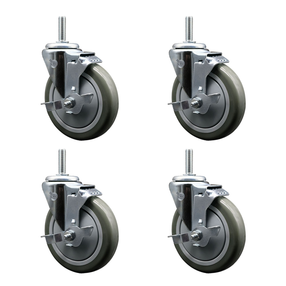 Polyurethane Swivel Threaded Stem Caster Set of 4 w/5" x 1.25" Gray Wheels and 3/4" Stems - Includes 4 with Top Lock Brakes - 1400 lbs Total Capacity - Service Caster Brand — photo 1