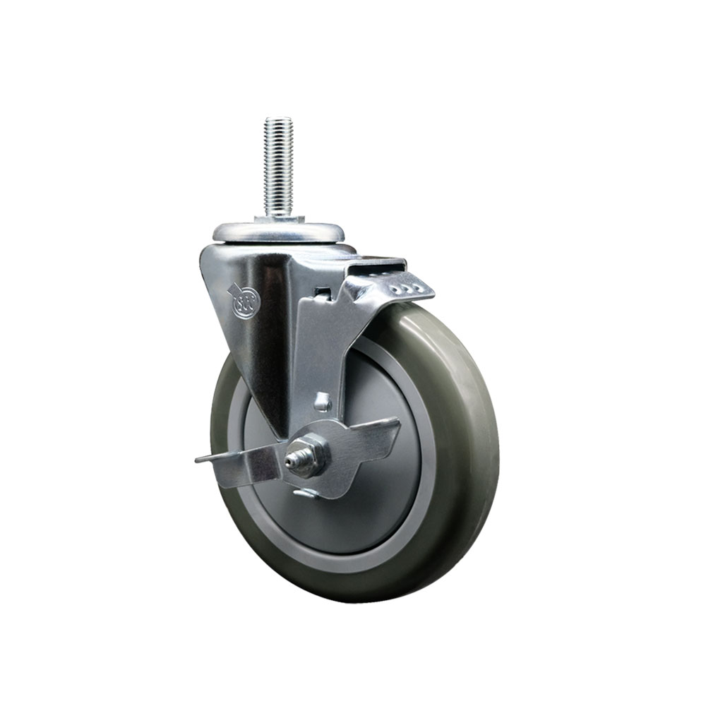 Polyurethane Swivel Threaded Stem Caster w/5" x 1.25" gray Wheel and 3/4" Stem & Top Locking Brake - 350 lbs Capacity/Caster - Service Caster Brand — photo 1