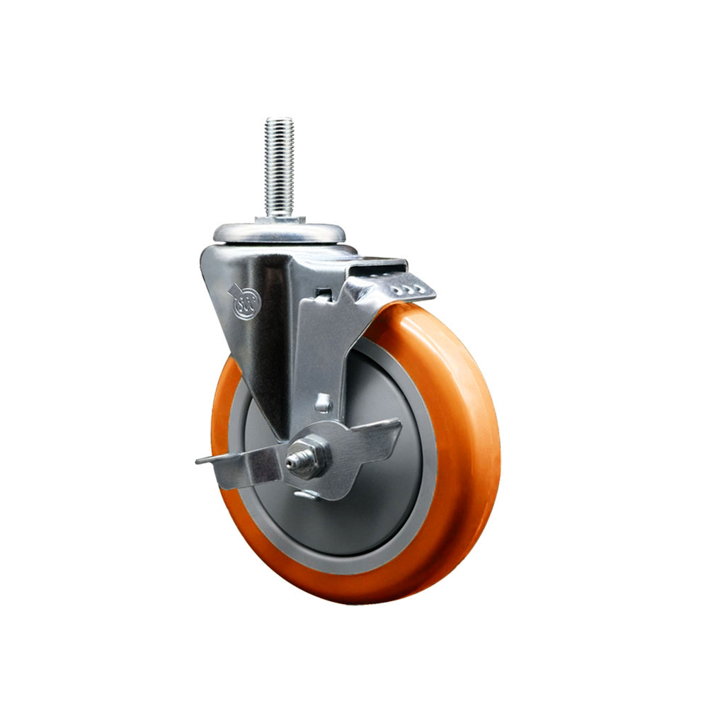 Polyurethane Swivel Threaded Stem Caster w/5" x 1.25" Orange Wheel and 3/4" Stem & Top Locking Brake - 350 lbs Capacity/Caster - Service Caster Brand — photo 1