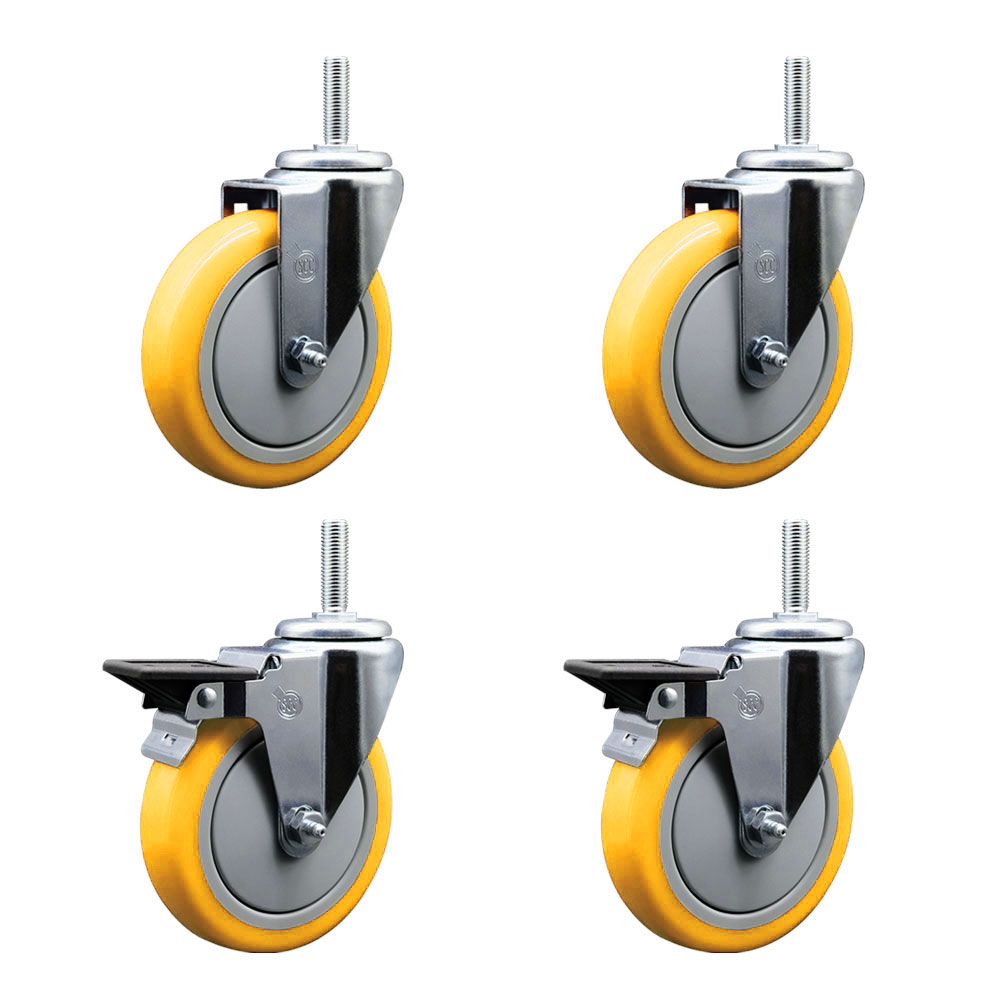 Polyurethane Swivel Threaded Stem Caster Set of 4 w/5" x 1.25" Yellow Wheels and 3/4" Stems - Includes 2 with Posi Locking Brake - 1400 lbs Total Capacity - Service Caster Brand — photo 1