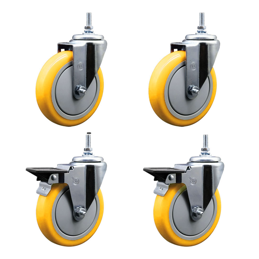 Polyurethane Swivel Threaded Stem Caster Set of 4 w/5" x 1.25" Yellow Wheels and 3/8" Stems - Includes 2 with Posi Locking Brake - 1400 lbs Total Capacity - Service Caster Brand — photo 1
