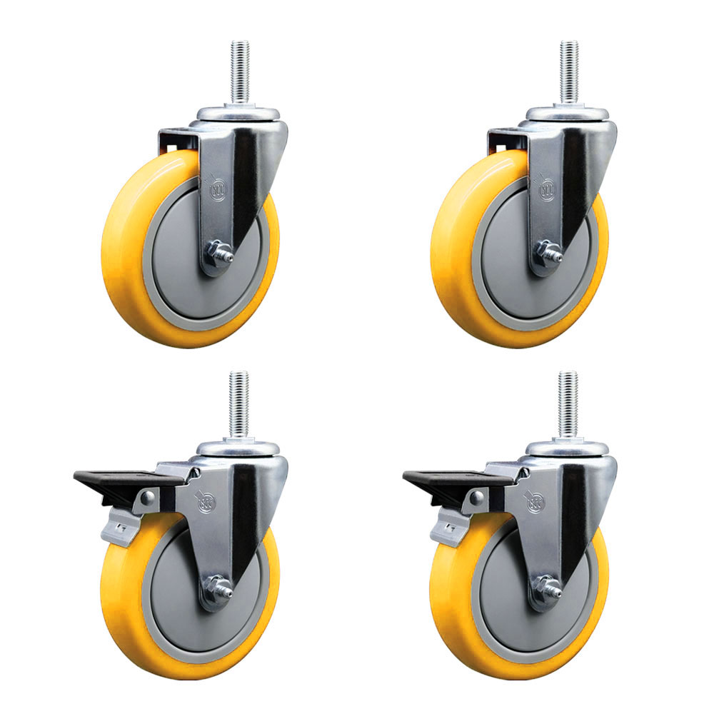 Polyurethane Swivel Threaded Stem Caster Set of 4 w/5" x 1.25" Yellow Wheels and 5/8" Stems - Includes 2 with Posi Locking Brake - 1400 lbs Total Capacity - Service Caster Brand — photo 1
