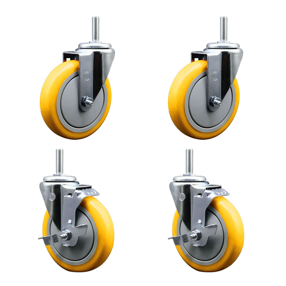 Polyurethane Swivel Threaded Stem Caster Set of 4 w/5" x 1.25" Yellow Wheels and 5/8" Stems - Includes 2 with Top Locking Brake - 1400 lbs Total Capacity - Service Caster Brand — photo 1