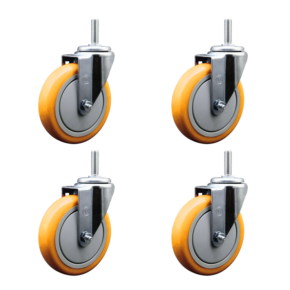 Polyurethane Swivel Threaded Stem Caster Set of 4 w/5" x 1.25" Yellow Wheels and 5/8" Stems - Includes 4 Swivel - 1400 lbs Total Capacity - Service Caster Brand — photo 1