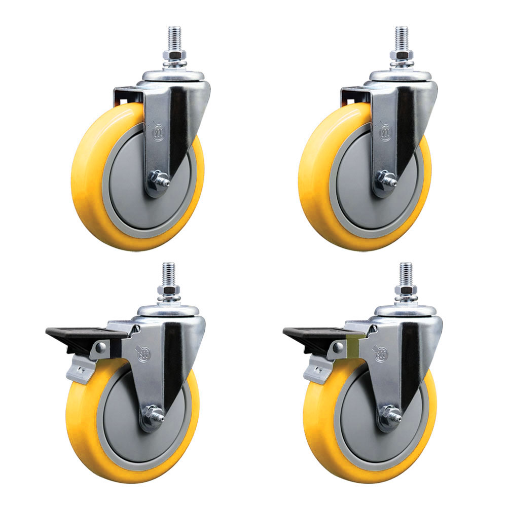 Polyurethane Swivel Threaded Stem Caster Set of 4 w/5" x 1.25" Yellow Wheels and 10MM Stems - Includes 2 with Posi Locking Brake - 1400 lbs Total Capacity - Service Caster Brand — photo 1