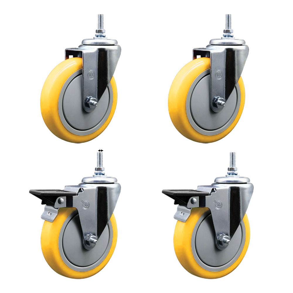 Polyurethane Swivel Threaded Stem Caster Set of 4 w/5" x 1.25" Yellow Wheels and 12MM Stems - Includes 2 with Posi Locking Brake - 1400 lbs Total Capacity - Service Caster Brand — photo 1