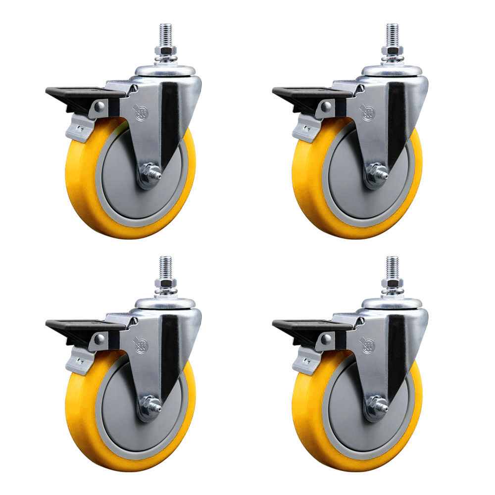 Polyurethane Swivel Threaded Stem Caster Set of 4 w/5" x 1.25" Yellow Wheels and 1/2" Stems - Includes 4 with Posi Lock Brakes - 1400 lbs Total Capacity - Service Caster Brand — photo 1