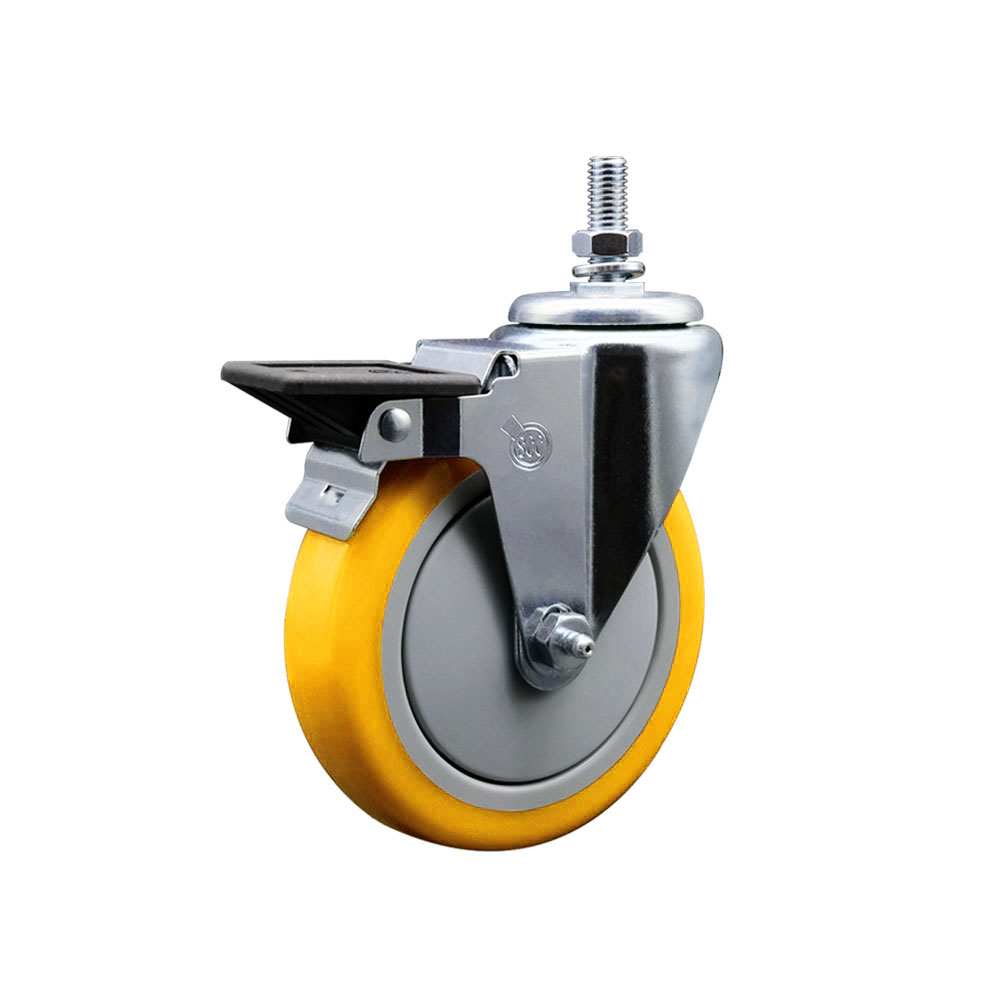 Polyurethane Swivel Threaded Stem Caster w/5" x 1.25" Yellow Wheel and 1/2" Stem & Posi Locking Brake - 350 lbs Capacity/Caster - Service Caster Brand — photo 1