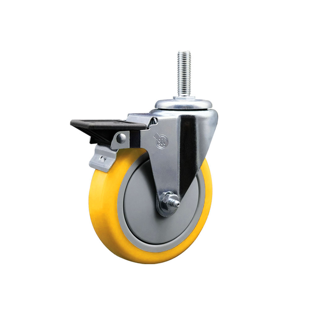 Polyurethane Swivel Threaded Stem Caster w/5" x 1.25" Yellow Wheel and 3/4" Stem & Posi Locking Brake - 350 lbs Capacity/Caster - Service Caster Brand — photo 1