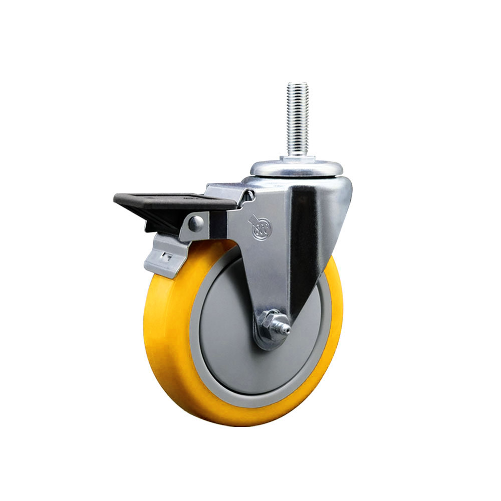 Polyurethane Swivel Threaded Stem Caster w/5" x 1.25" Yellow Wheel and 5/8" Stem & Posi Locking Brake - 350 lbs Capacity/Caster - Service Caster Brand — photo 1