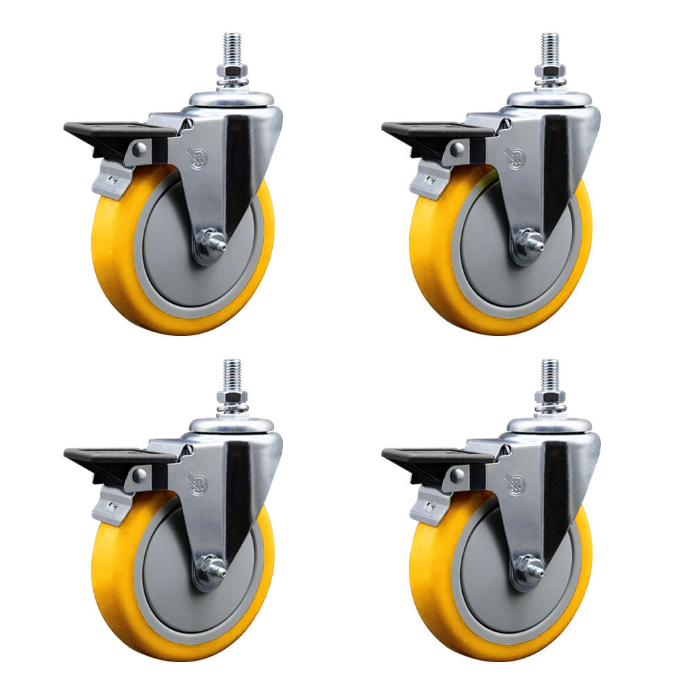Polyurethane Swivel Threaded Stem Caster Set of 4 w/5" x 1.25" Yellow Wheels and 10MM Stems - Includes 4 with Posi Lock Brakes - 1400 lbs Total Capacity - Service Caster Brand — photo 1