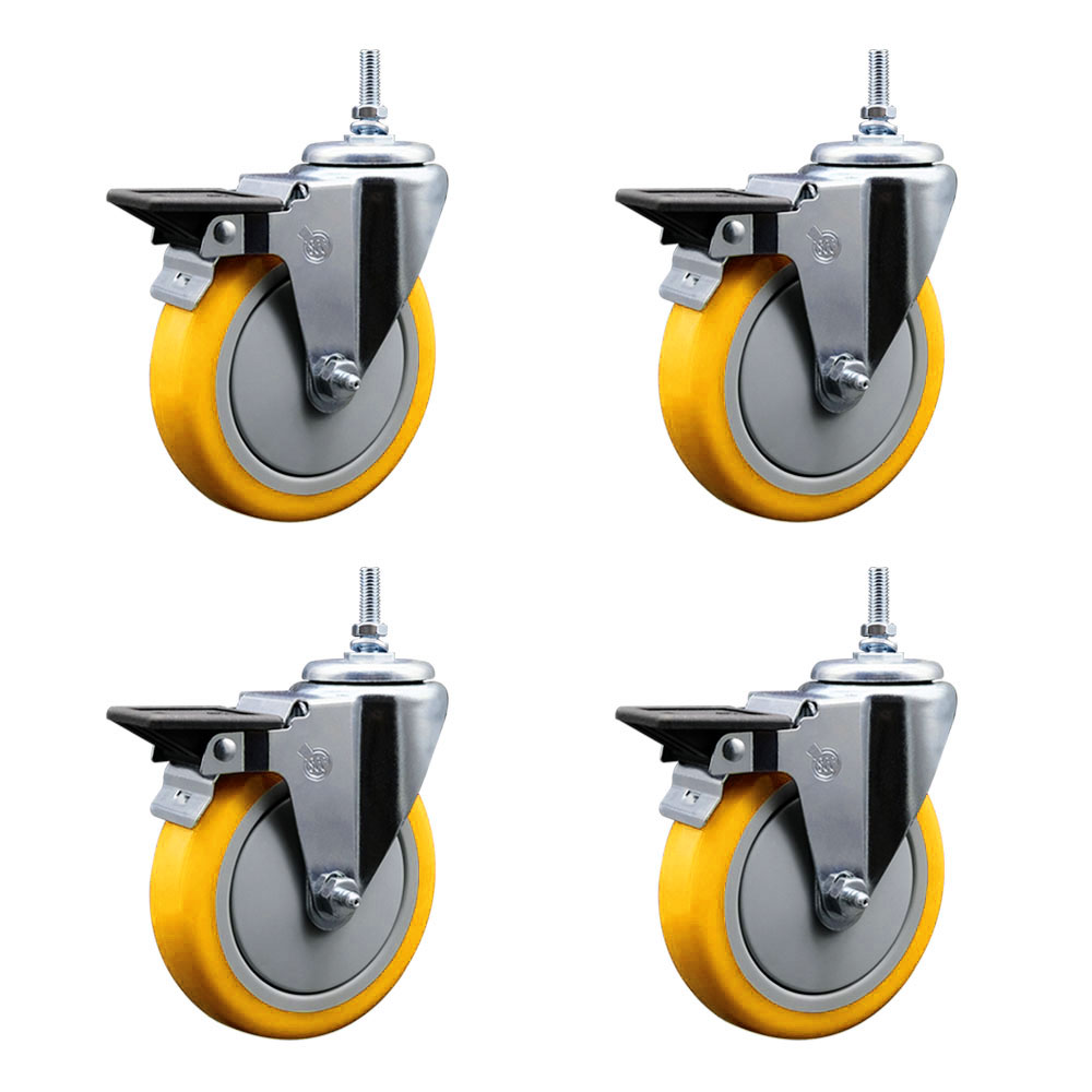 Polyurethane Swivel Threaded Stem Caster Set of 4 w/5" x 1.25" Yellow Wheels and 12MM Stems - Includes 4 with Posi Lock Brakes - 1400 lbs Total Capacity - Service Caster Brand — photo 1