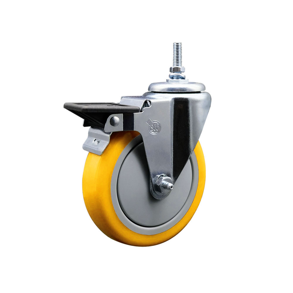 Polyurethane Swivel Threaded Stem Caster w/5" x 1.25" Yellow Wheel and 12MM Stem & Posi Locking Brake - 350 lbs Capacity/Caster - Service Caster Brand — photo 1