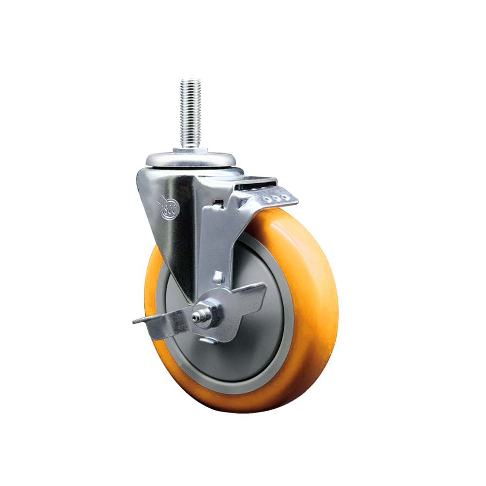 Polyurethane Swivel Threaded Stem Caster w/5" x 1.25" Yellow Wheel and 3/4" Stem & Top Locking Brake - 350 lbs Capacity/Caster - Service Caster Brand — photo 1