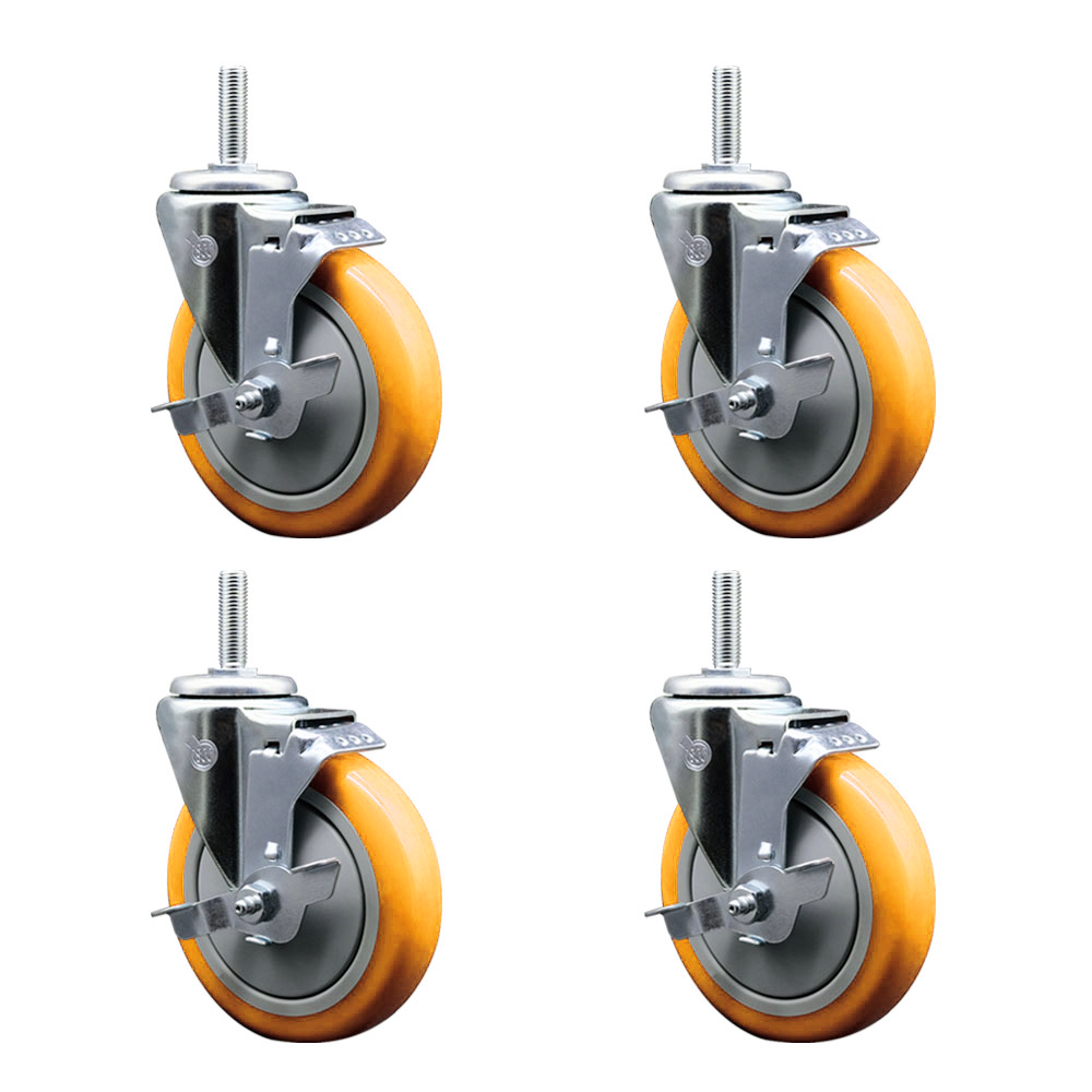Polyurethane Swivel Threaded Stem Caster Set of 4 w/5" x 1.25" Yellow Wheels and 5/8" Stems - Includes 4 with Top Lock Brakes - 1400 lbs Total Capacity - Service Caster Brand — photo 1