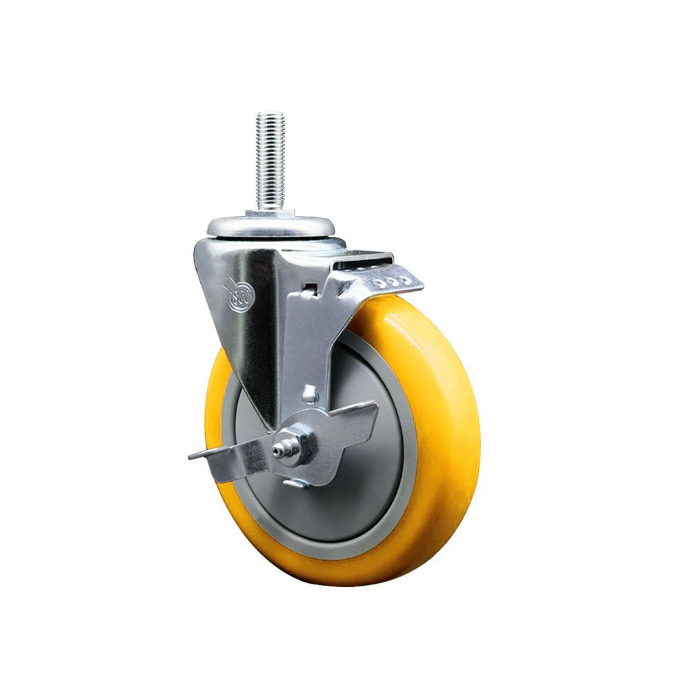 Polyurethane Swivel Threaded Stem Caster w/5" x 1.25" Yellow Wheel and 5/8" Stem & Top Locking Brake - 350 lbs Capacity/Caster - Service Caster Brand — photo 1