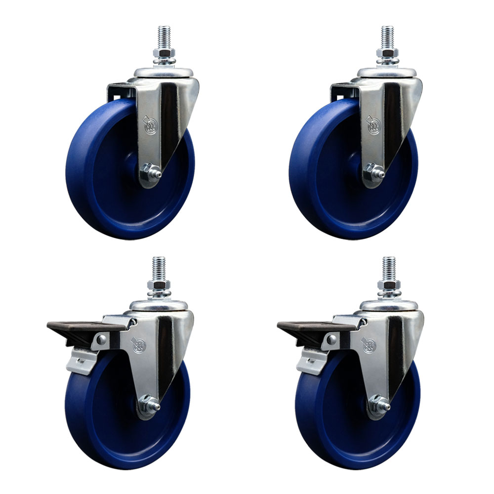 Solid Polyurethane Swivel Threaded Stem Caster Set of 4 w/5" x 1.25" Blue Wheels and 1/2" Stems - Includes 2 with Posi Locking Brake - 1,200 lbs Total Capacity - Service Caster Brand — photo 1