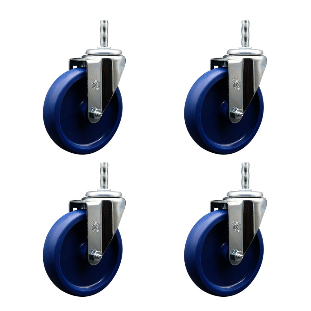 Solid Polyurethane Swivel Threaded Stem Caster Set of 4 w/5" x 1.25" Blue Wheels and 3/4" Stems - Includes 4 Swivel - 1200 lbs Total Capacity - Service Caster Brand — photo 1