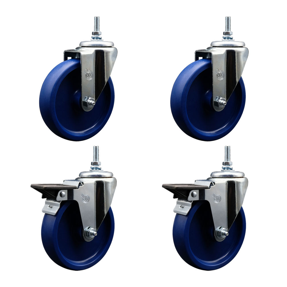 Solid Polyurethane Swivel Threaded Stem Caster Set of 4 w/5" x 1.25" Blue Wheels and 3/8" Stems - Includes 2 with Posi Locking Brake - 1200 lbs Total Capacity - Service Caster Brand — photo 1