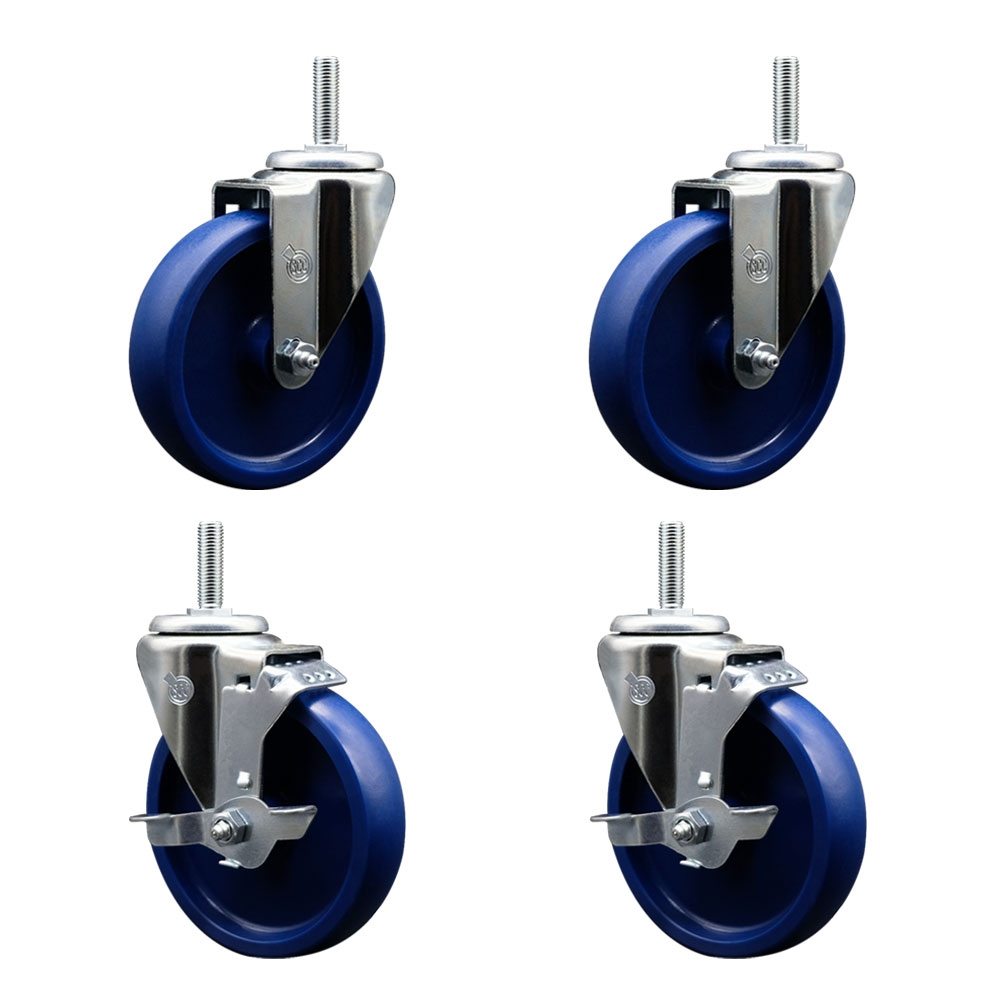 Solid Polyurethane Swivel Threaded Stem Caster Set of 4 w/5" x 1.25" Blue Wheels and 5/8" Stems - Includes 2 with Top Locking Brake - 1200 lbs Total Capacity - Service Caster Brand — photo 1