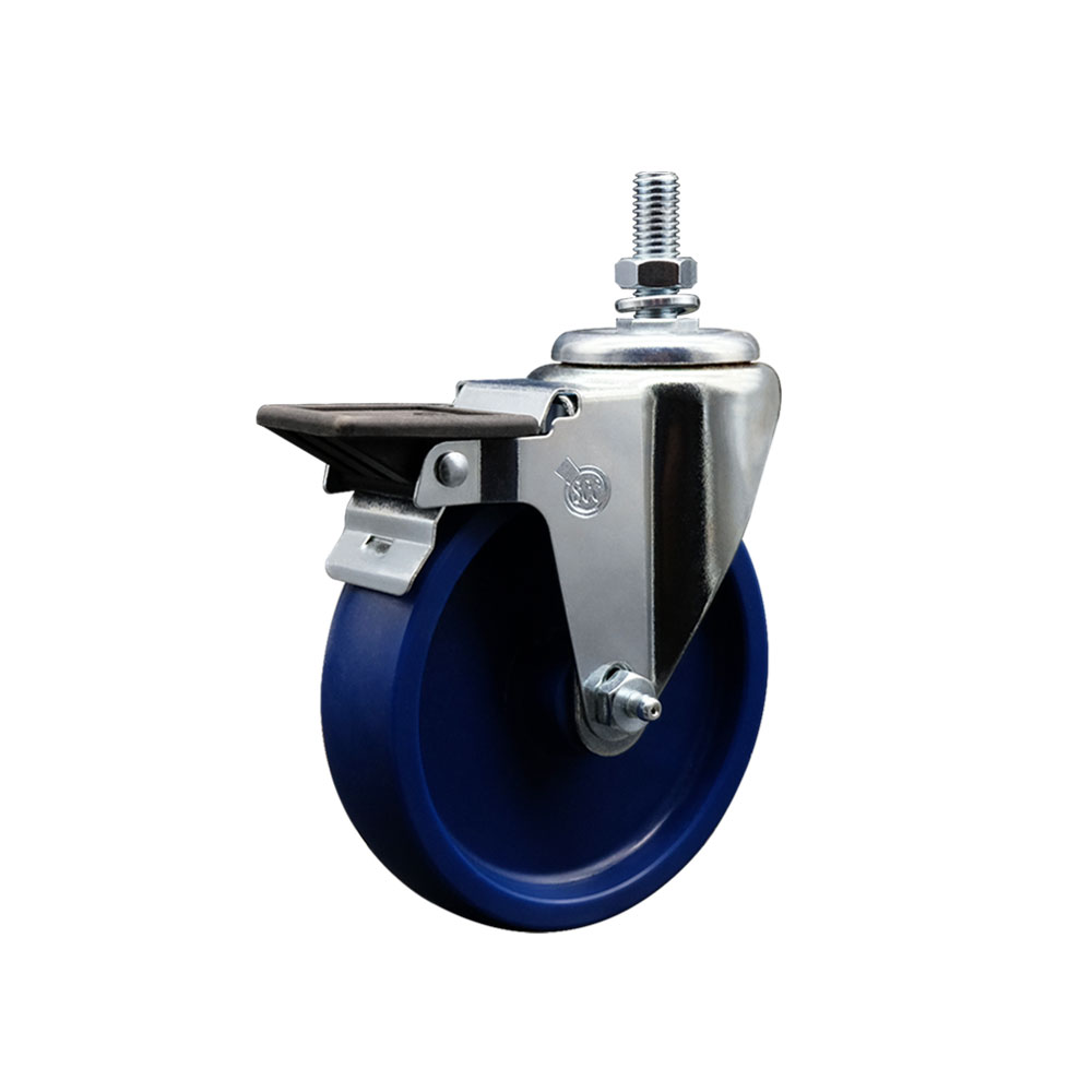Solid Polyurethane Swivel Threaded Stem Caster w/5" x 1.25" Blue Wheel and 1/2" Stem & Posi Locking Brake - 300 lbs Capacity/Caster - Service Caster Brand — photo 1