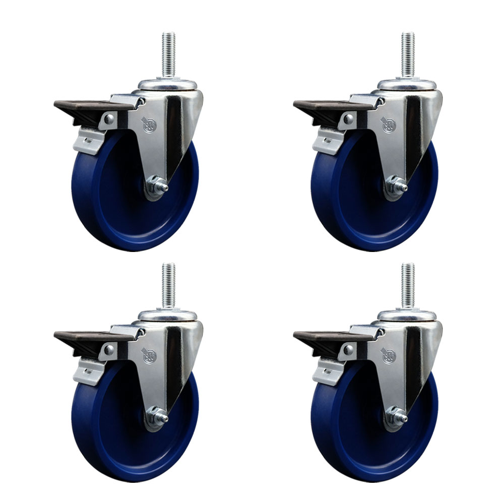 Solid Polyurethane Swivel Threaded Stem Caster Set of 4 w/5" x 1.25" Blue Wheels and 3/4" Stems - Includes 4 with Posi Lock Brakes - 1200 lbs Total Capacity - Service Caster Brand — photo 1