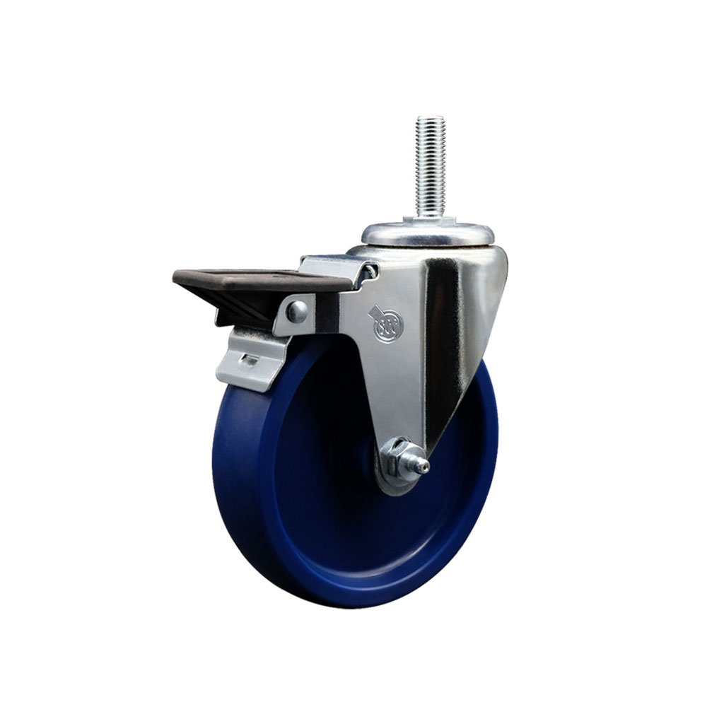 Solid Polyurethane Swivel Threaded Stem Caster w/5" x 1.25" Blue Wheel and 3/4" Stem & Posi Locking Brake - 300 lbs Capacity/Caster - Service Caster Brand — photo 1