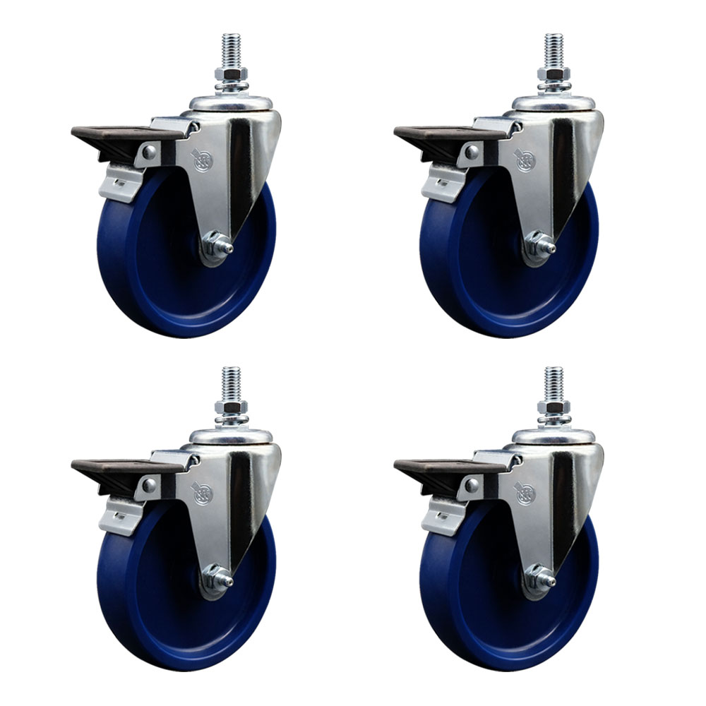 Solid Polyurethane Swivel Threaded Stem Caster Set of 4 w/5" x 1.25" Blue Wheels and 10MM Stems - Includes 4 with Posi Lock Brakes - 1200 lbs Total Capacity - Service Caster Brand — photo 1