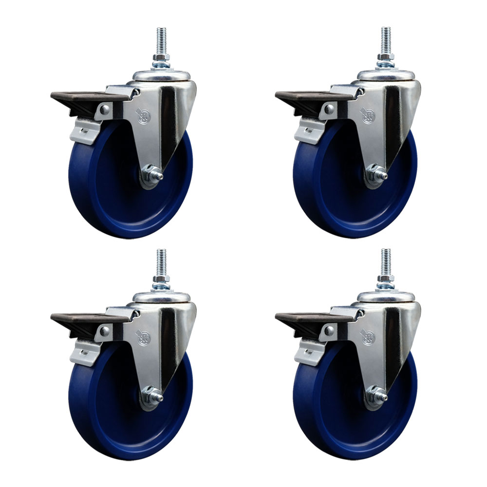 Solid Polyurethane Swivel Threaded Stem Caster Set of 4 w/5" x 1.25" Blue Wheels and 12MM Stems - Includes 4 with Posi Lock Brakes - 1200 lbs Total Capacity - Service Caster Brand — photo 1