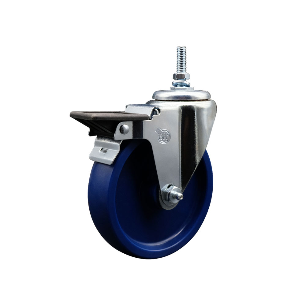 Solid Polyurethane Swivel Threaded Stem Caster w/5" x 1.25" Blue Wheel and 12MM Stem & Posi Locking Brake - 300 lbs Capacity/Caster - Service Caster Brand — photo 1
