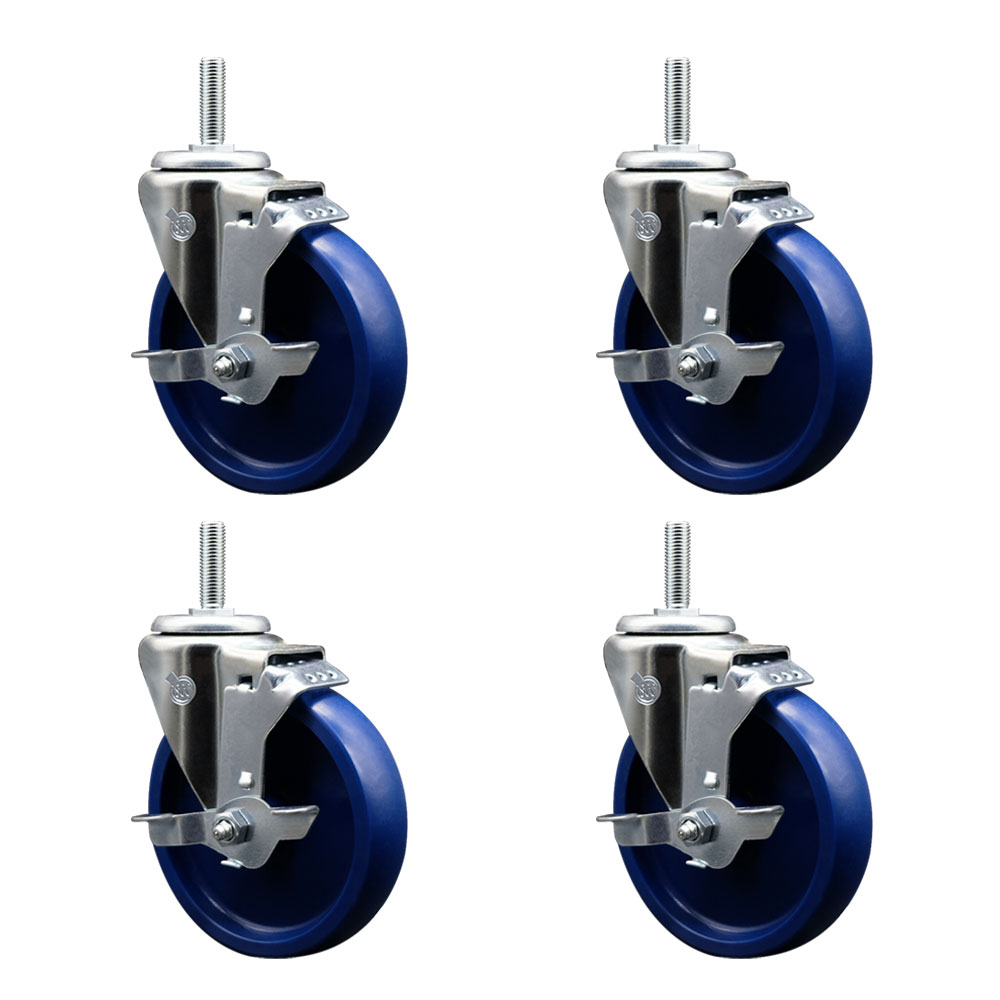 Solid Polyurethane Swivel Threaded Stem Caster Set of 4 w/5" x 1.25" Blue Wheels and 3/4" Stems - Includes 4 with Top Lock Brakes - 1200 lbs Total Capacity - Service Caster Brand — photo 1