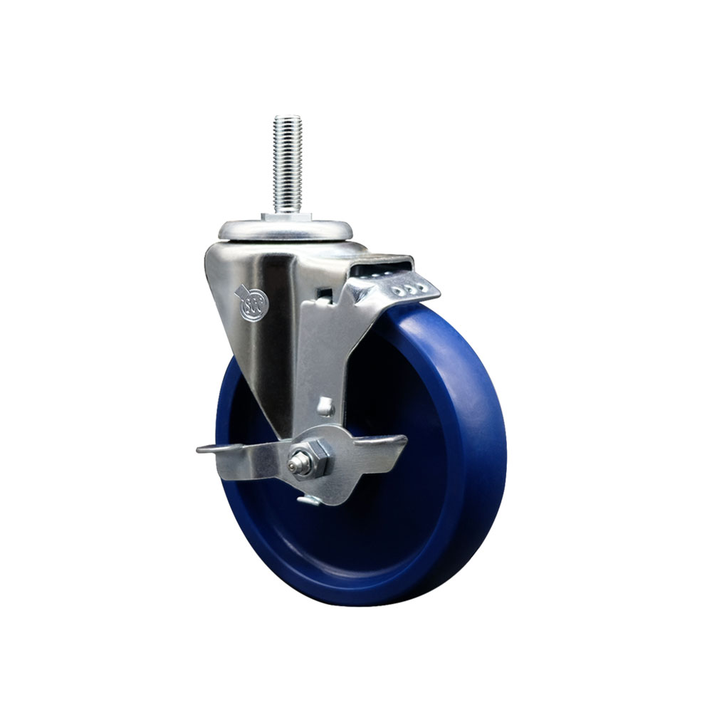 Solid Polyurethane Swivel Threaded Stem Caster w/5" x 1.25" Blue Wheel and 3/4" Stem & Top Locking Brake - 300 lbs Capacity/Caster - Service Caster Brand — photo 1