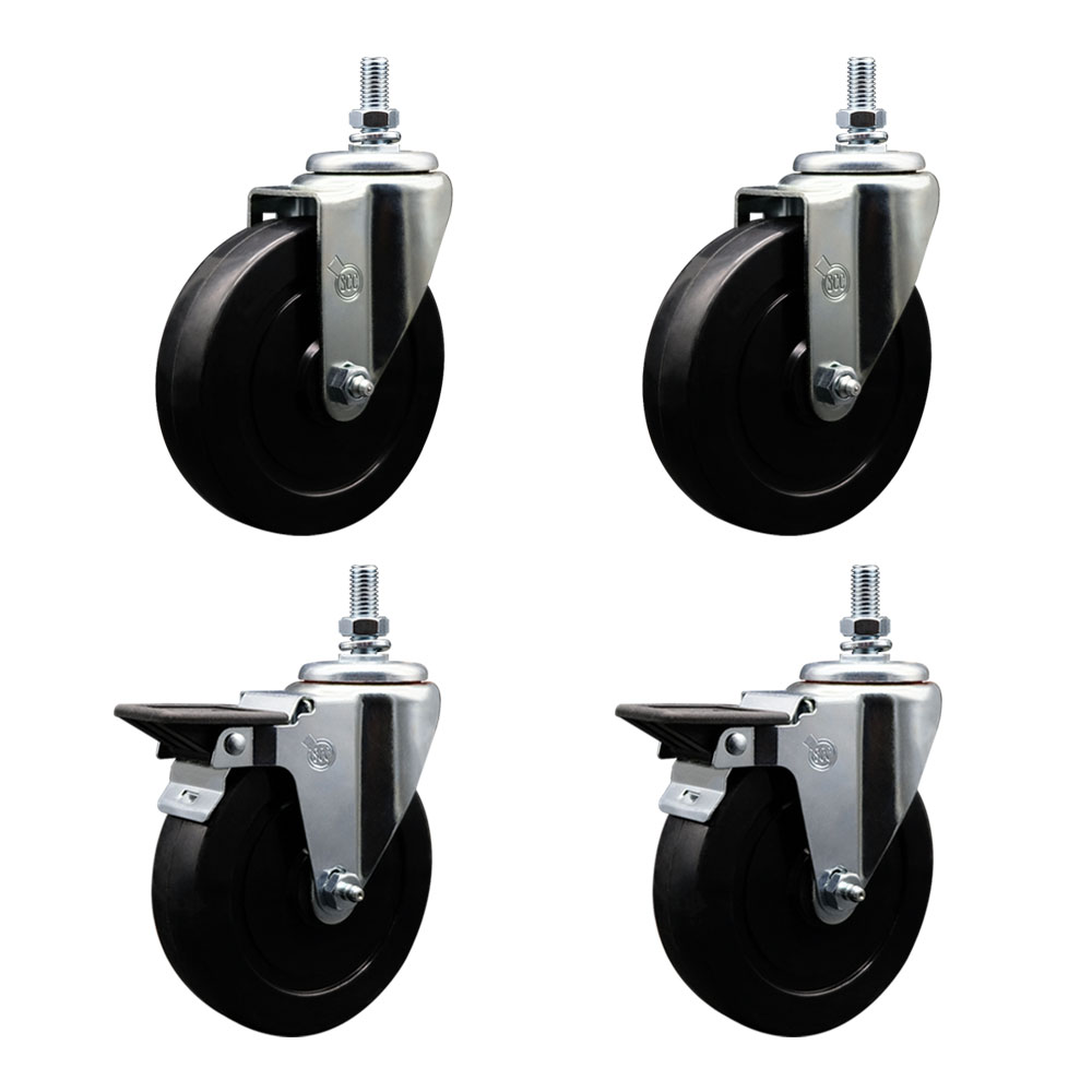 Soft Rubber Swivel Threaded Stem Caster Set of 4 w/5" x 1.25" Black Wheels and 1/2" Stems - Includes 2 with Posi Locking Brake - 1100 lbs Total Capacity - Service Caster Brand — photo 1