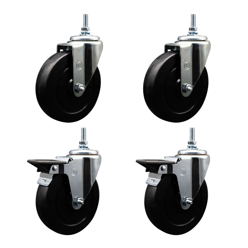 Soft Rubber Swivel Threaded Stem Caster Set of 4 w/5" x 1.25" Black Wheels and 12MM Stems - Includes 2 with Posi Locking Brake - 1100 lbs Total Capacity - Service Caster Brand — photo 1