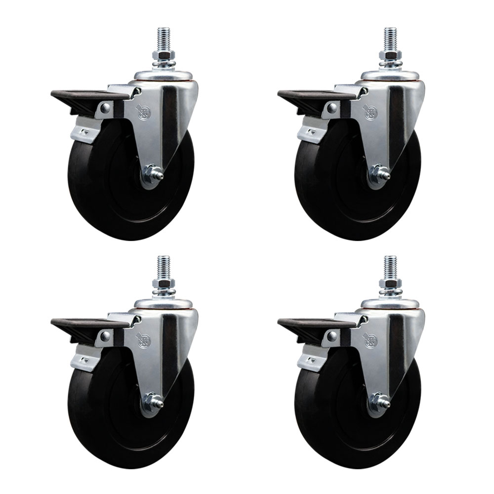 Soft Rubber Swivel Threaded Stem Caster Set of 4 w/5" x 1.25" Black Wheels and 10MM Stems - Includes 4 with Posi Lock Brakes - 1100 lbs Total Capacity - Service Caster Brand — photo 1
