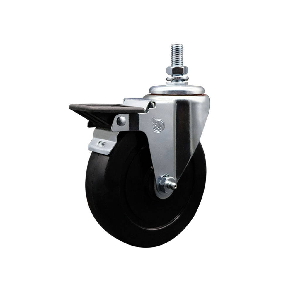 Soft Rubber Swivel Threaded Stem Caster w/5" x 1.25" Black Wheel and 10MM Stem & Posi Locking Brake - 275 lbs Capacity/Caster - Service Caster Brand — photo 1
